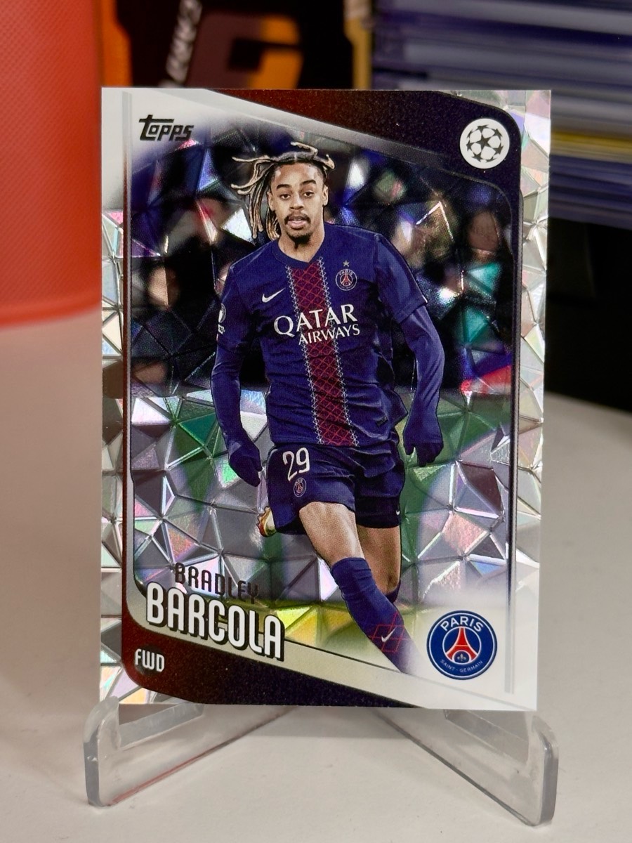 Topps UEFA Champions League trading card featuring Bradley Barcola, number 63