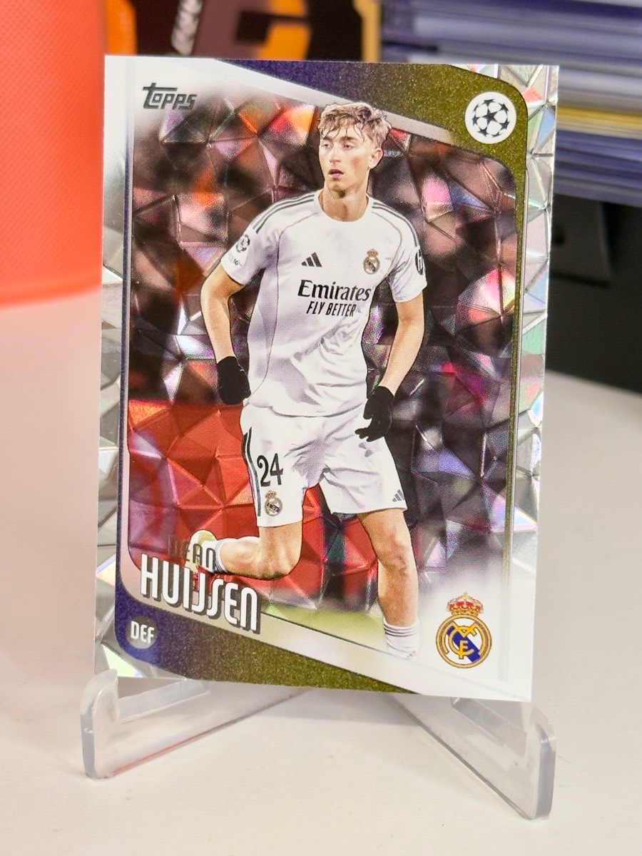Topps UEFA Champions League trading card featuring Real Madrid defender Dean Huijsen
