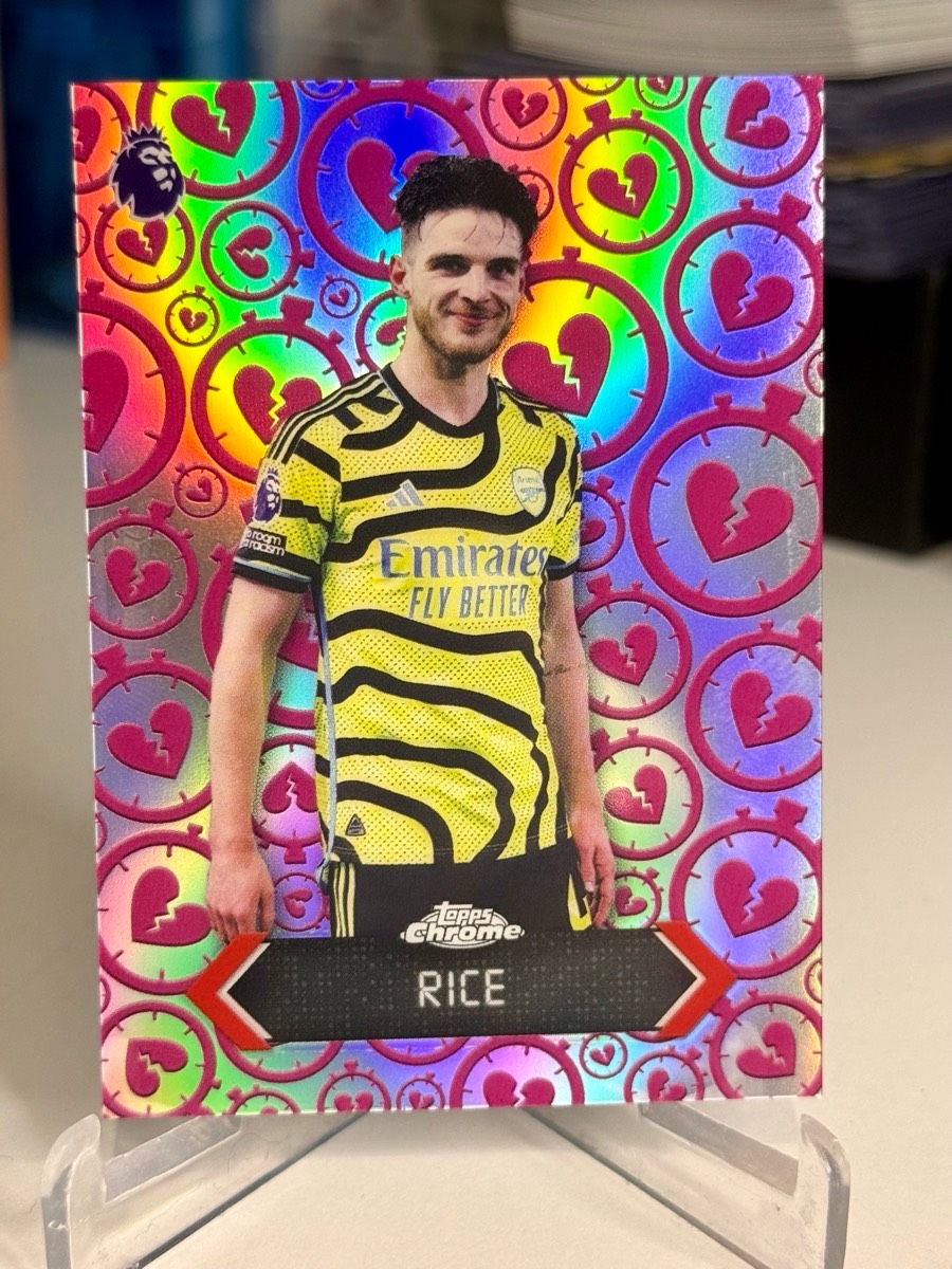 Declan Rice Arsenal Stoppage Time Heartbreaker karta kolekcjonerska Topps Chrome Premier League Refractor
