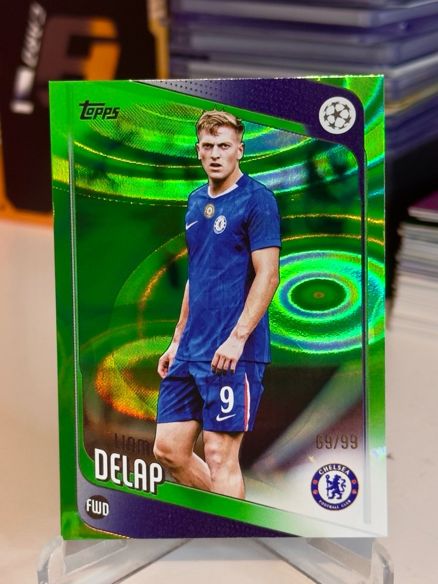 Topps Chelsea FC trading card featuring Liam Delap, numbered 69/99