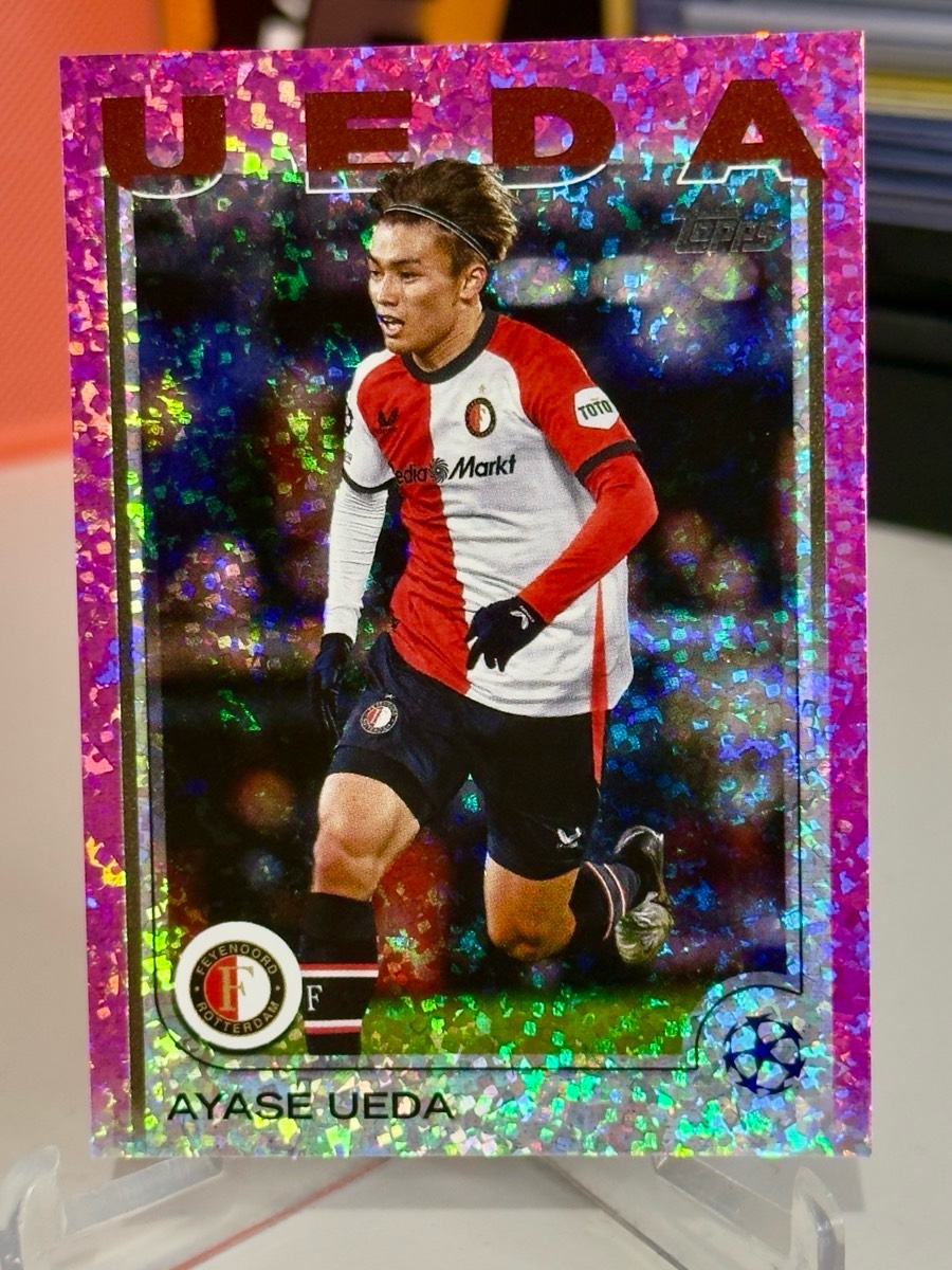 Topps UEFA Champions League trading card featuring Feyenoord forward Ayase Ueda