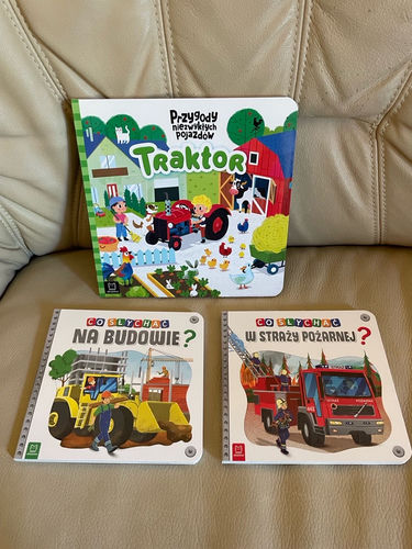 Zestaw książeczek o pojazdach traktor wóz strażacki na budowie dla chłopaka 