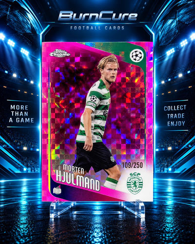 Morten Hjulmand Sporting numerowana 109/250 karta Topps Chrome UEFA Club Competitions X-Fractor Pink Refractor