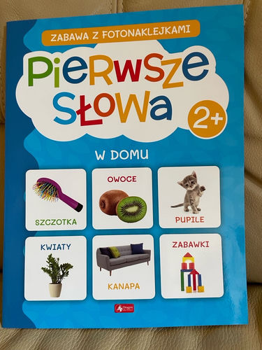 W domu : szczotka, owoce, pupile, kwiaty, kanapa, zabawki.