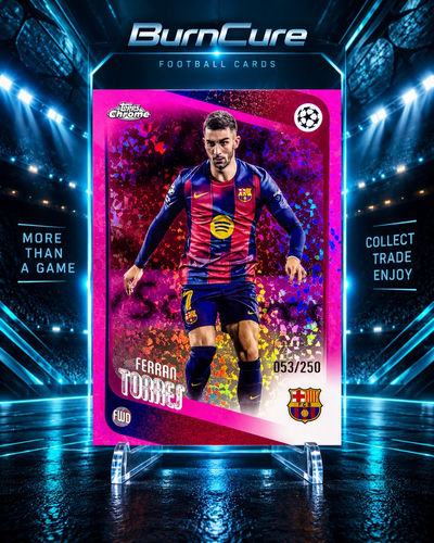 Ferran Torres Barcelona numerowana 053/250 karta Topps Chrome UEFA Club Competitions Mini-Diamond Pink Refractor
