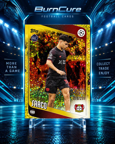Alejo Sarco Bayer Leverkusen numbered 278/299 trading card Topps Flagship UEFA Club Competition Yellow Inferno RC Rookie Card